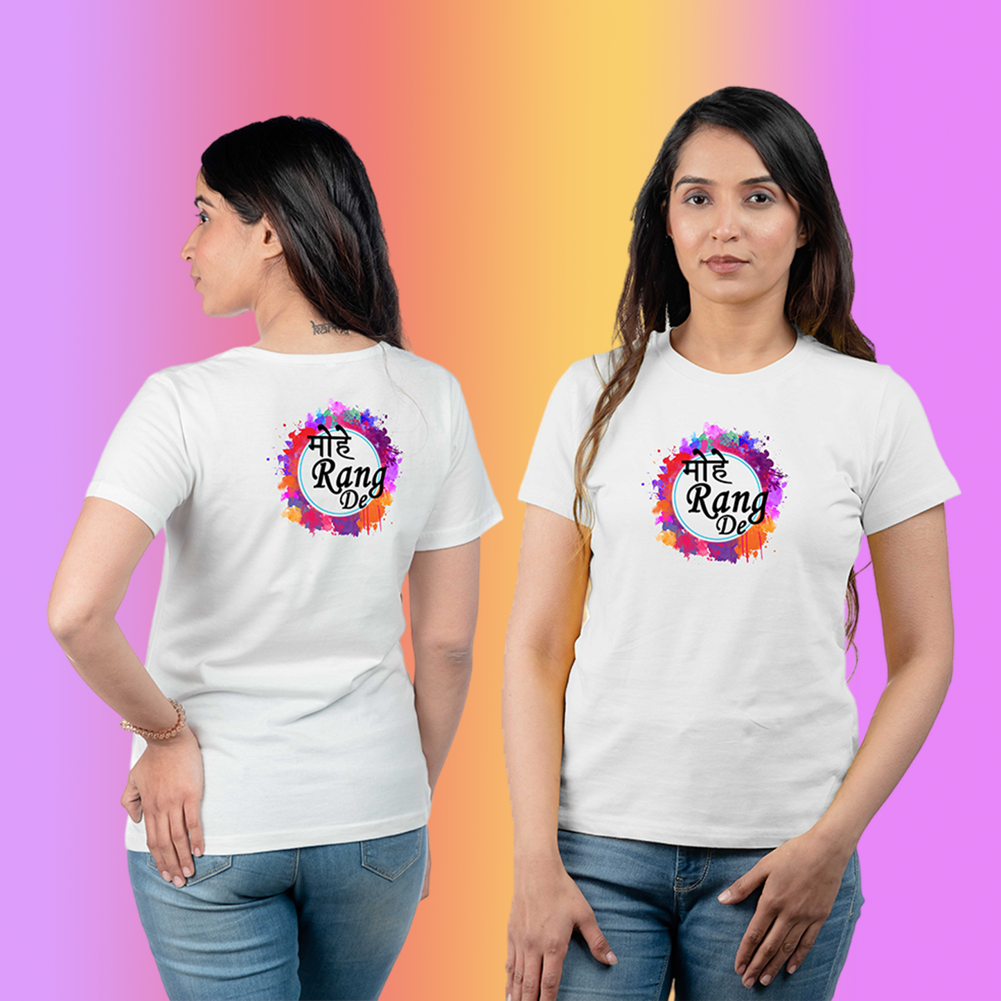 Chombooka Women's Colorful Polyester Holi Printed T-Shirt | Festive Fun for Her | Mohe Rang De